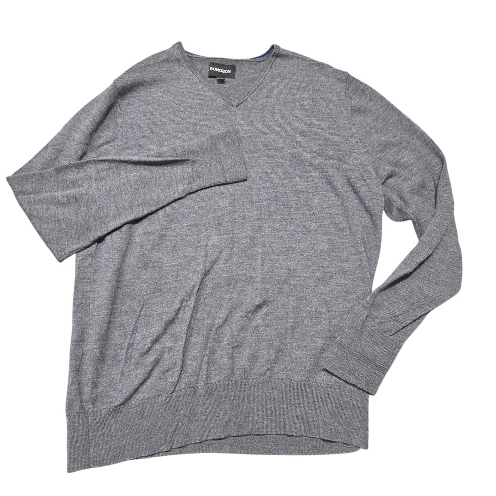 Bonobos‎ V-Neck Sweater Mens L Gray Merino Wool Pullover Lightweight Knit